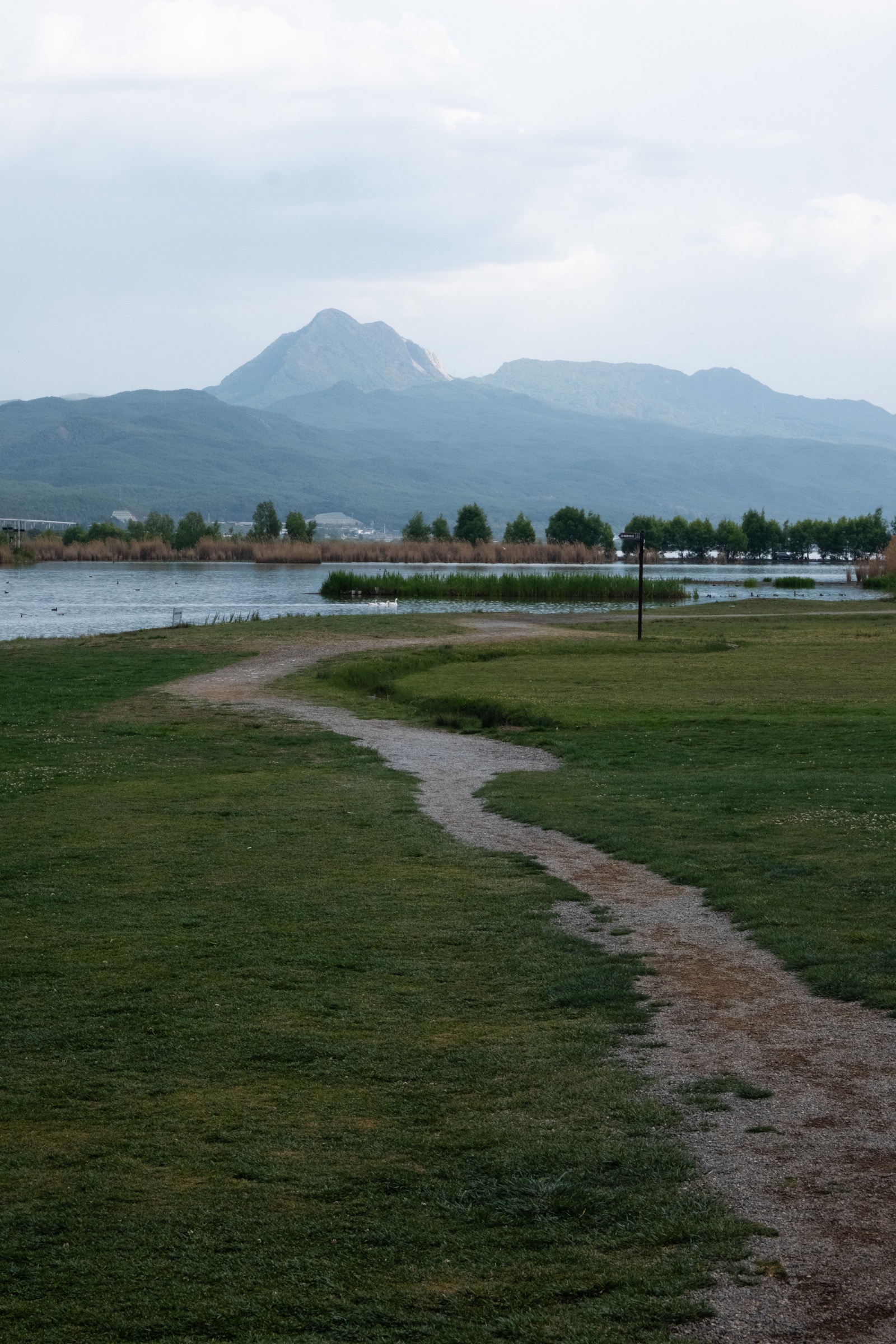一条小路穿过草地,通向湖面和远山